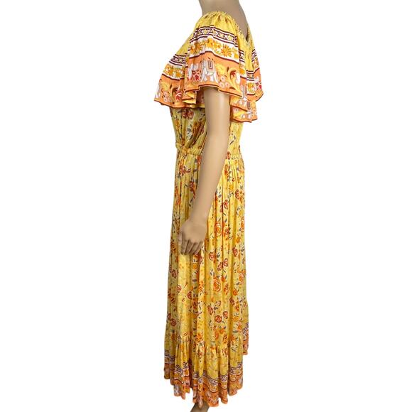 Margaux Riviera Yellow Floral Elephant Flounce Boho Hippie Maxi Dress SZ M - Picture 6 of 9